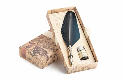 PIU68 Writing set with medium coloured feather pen, lily decorated ferrule & black ink