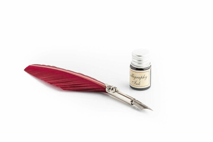 PIU68 Writing set with medium coloured feather pen, lily decorated ferrule & black ink