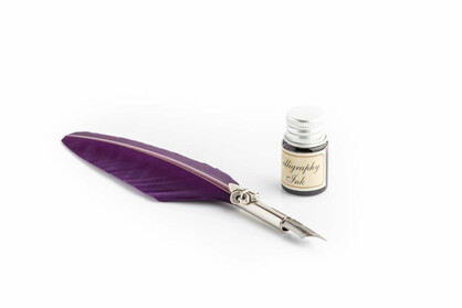 PIU68 Writing set with medium coloured feather pen, lily decorated ferrule & black ink