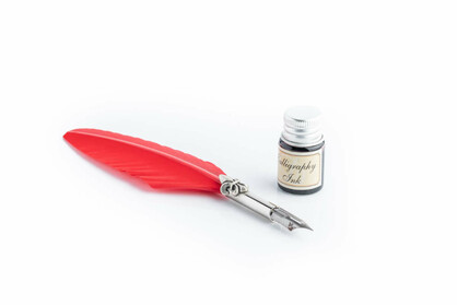 PIU68 Writing set with medium coloured feather pen, lily decorated ferrule & black ink