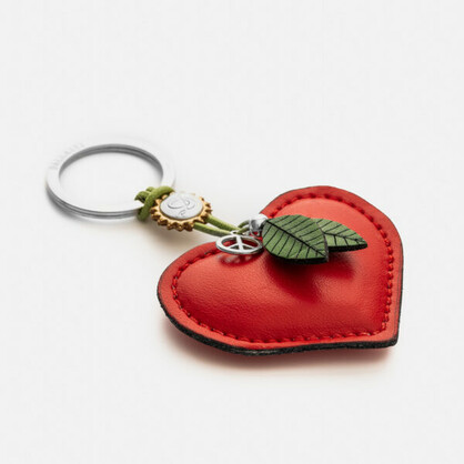 PCA151AS Heart & Leaf keychain in apple skin & metal peace symbol