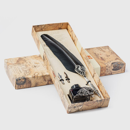 PIU27  Writing set with large dragon feather pen decorated with dragon and dragon ink