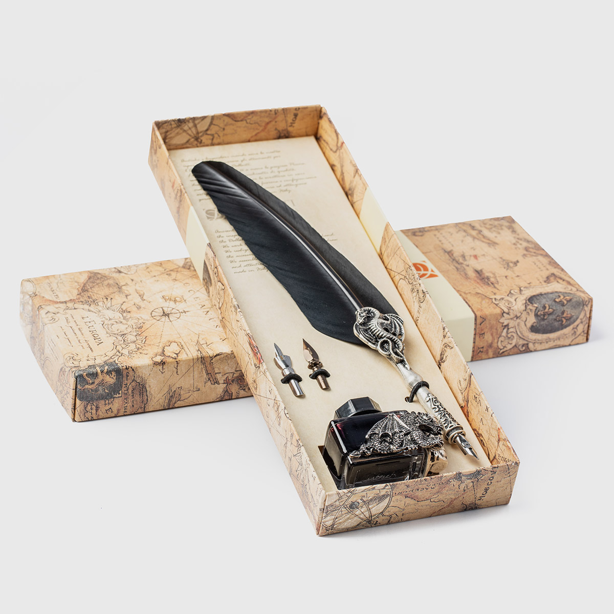 PIU27  Writing set with large dragon feather pen decorated with dragon and dragon ink
