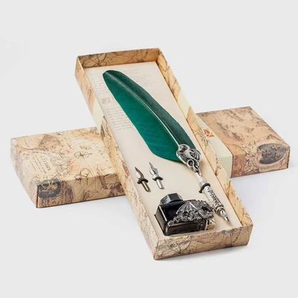 PIU27  Writing set with large dragon feather pen decorated with dragon and dragon ink