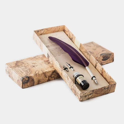 PIU89 – Writing set with large feather pen, metal lily tip and black ink