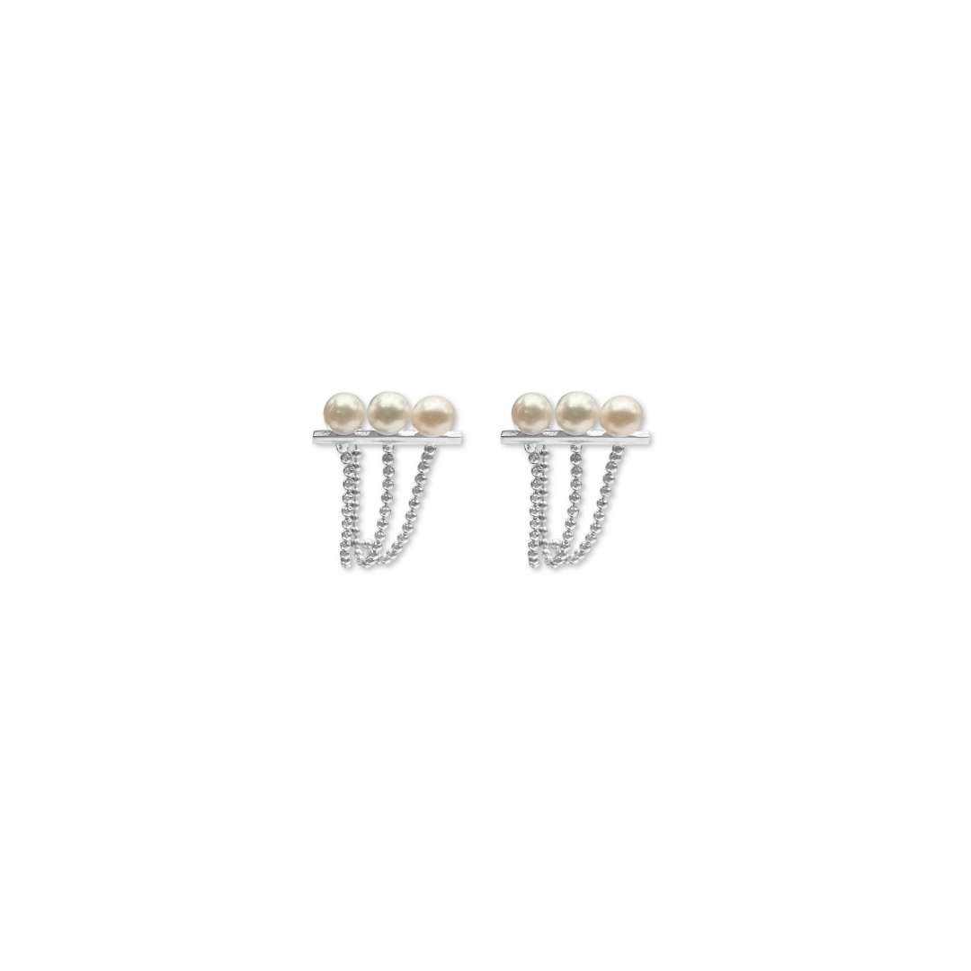 Silver Perle Petite Three Pearl Chain Studs