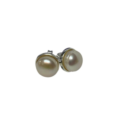 Silver Perle Fresh Water Pearl Button Stud Earrings