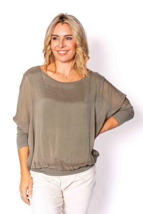 Constance- Khaki- Silk batwing tunic with scoop neck hem band and sleeve