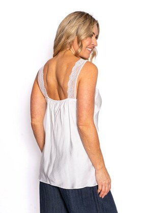 Scala- White- Satin bias cut camisole with lace trim