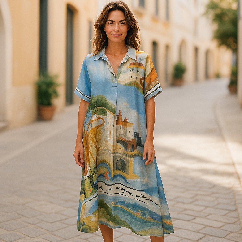 Maison Dress- Villa Print Silky Satin Dress - Blue