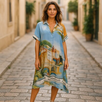 Maison Dress- Villa Print Silky Satin Dress - Blue