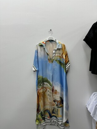 Maison Dress- Villa Print Silky Satin Dress - Blue