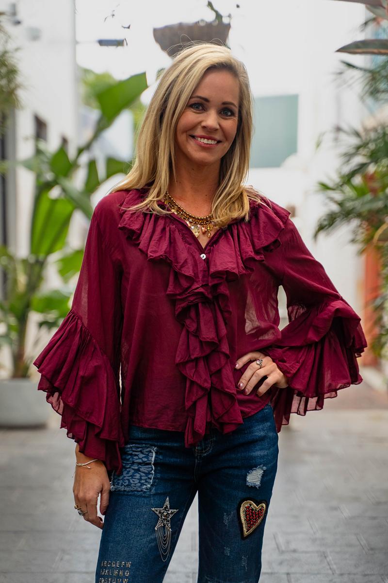 Moselle-Bordeaux-Frill Neckline, Frill Bell Sleeve -