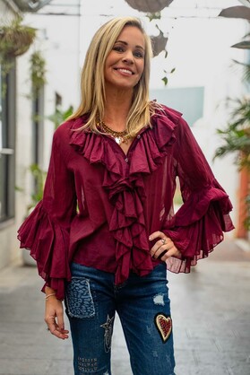 Moselle-Bordeaux-Frill Neckline, Frill Bell Sleeve -