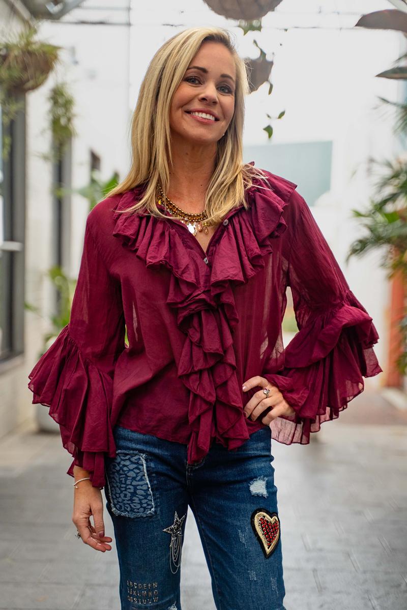 Moselle-Bordeaux-Frill Neckline, Frill Bell Sleeve -