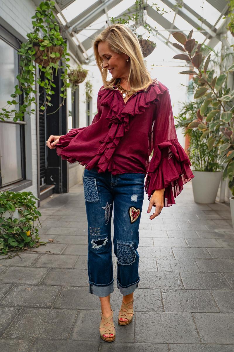 Moselle-Bordeaux-Frill Neckline, Frill Bell Sleeve -