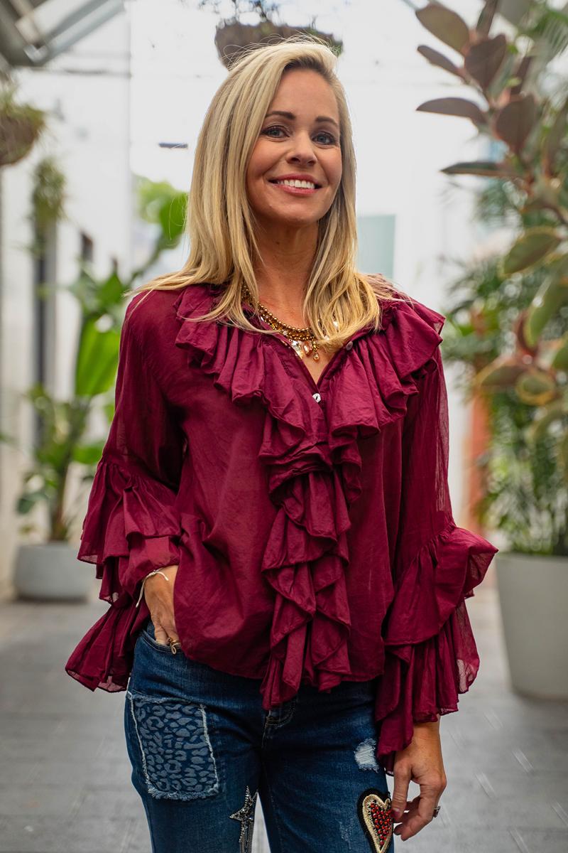 Moselle-Bordeaux-Frill Neckline, Frill Bell Sleeve -