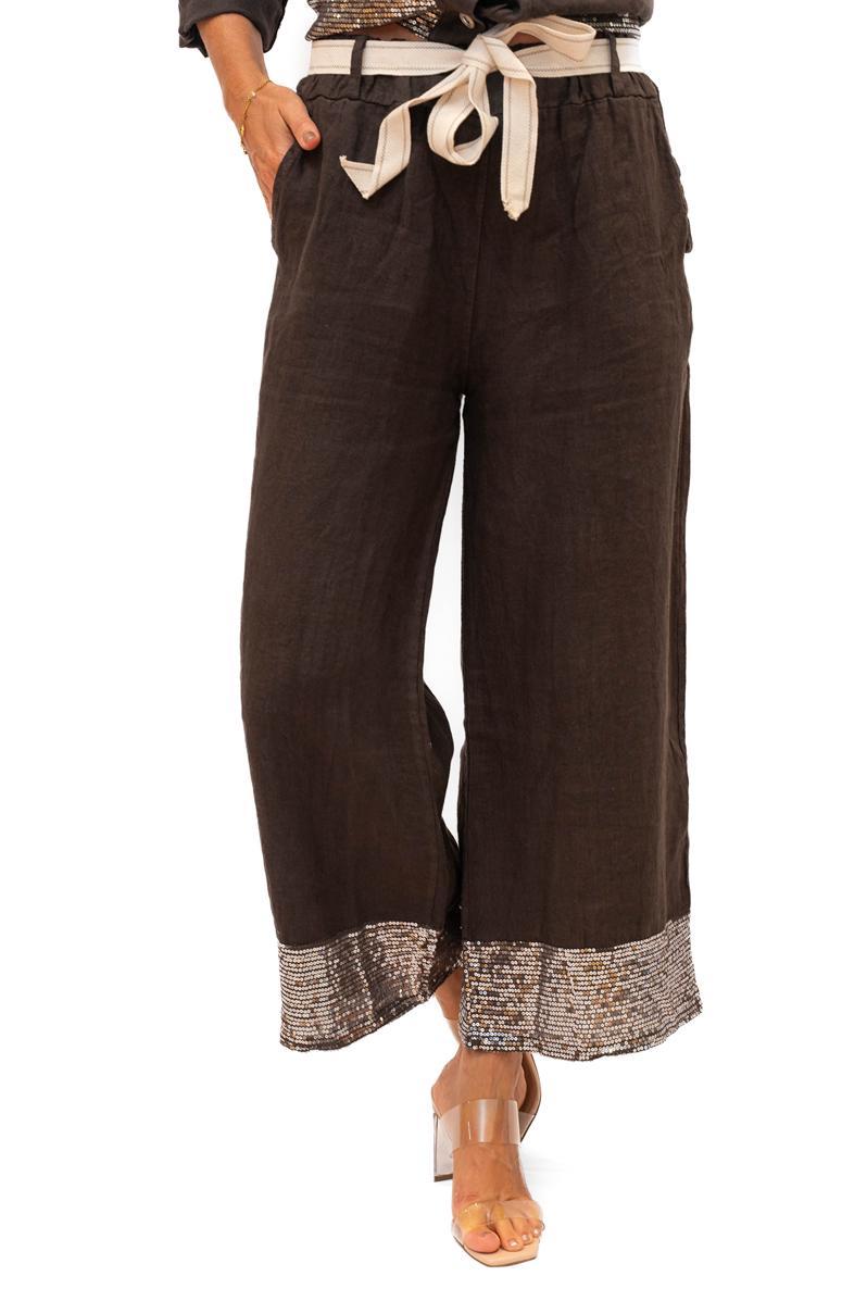 Wholesale Long Island Pant- Chocolate- Linen drawstring pant ith sequin ...