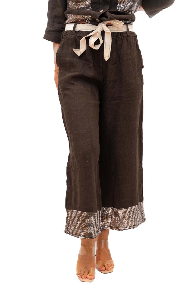 Wholesale Long Island Pant- Chocolate- Linen drawstring pant ith sequin ...
