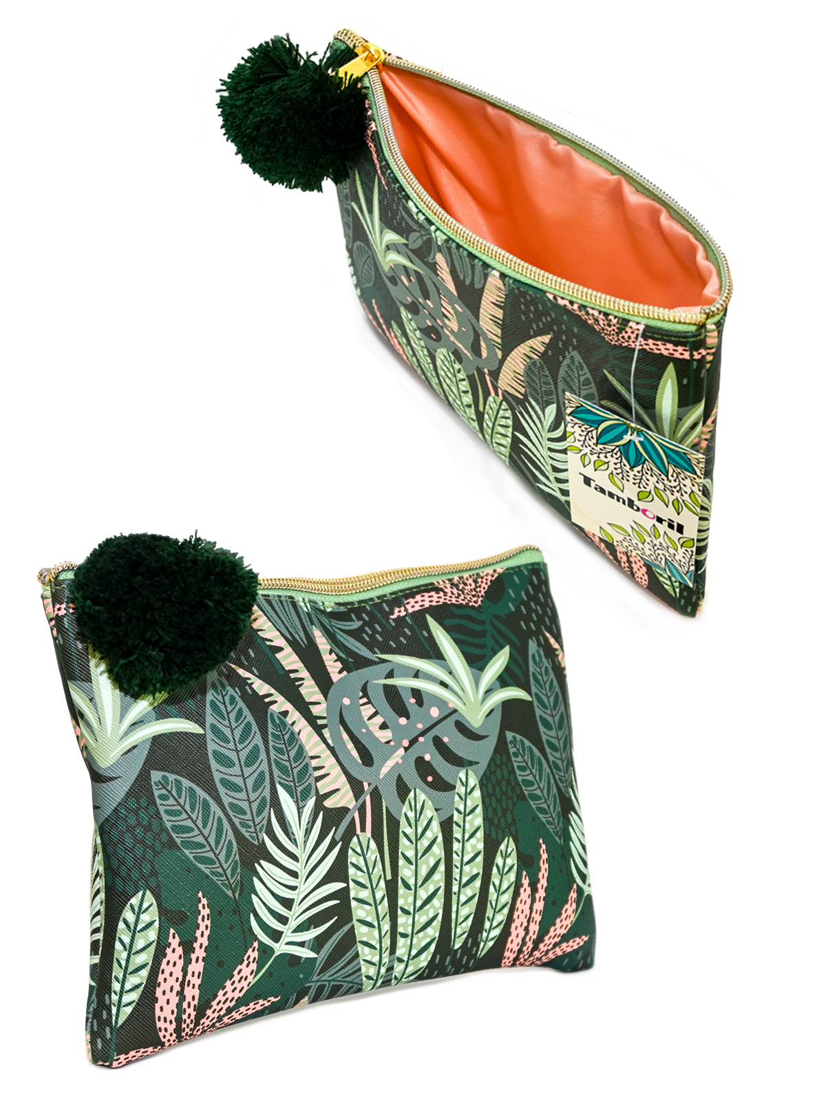 Quality Travel Cosmetic Bag Fern with Green Pom Pom
