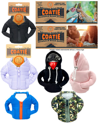Coatie Puffer Drink Jacket Stubby Holder Retail Pack 40pce Assorted Spinner