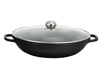 Florence Cookware Non-Stick Black Wok 32cm 5L with Marble Interior and Glass Lid.