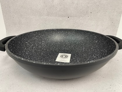 Florence Cookware Non-Stick Black Wok 32cm 5L with Marble Interior and Glass Lid.
