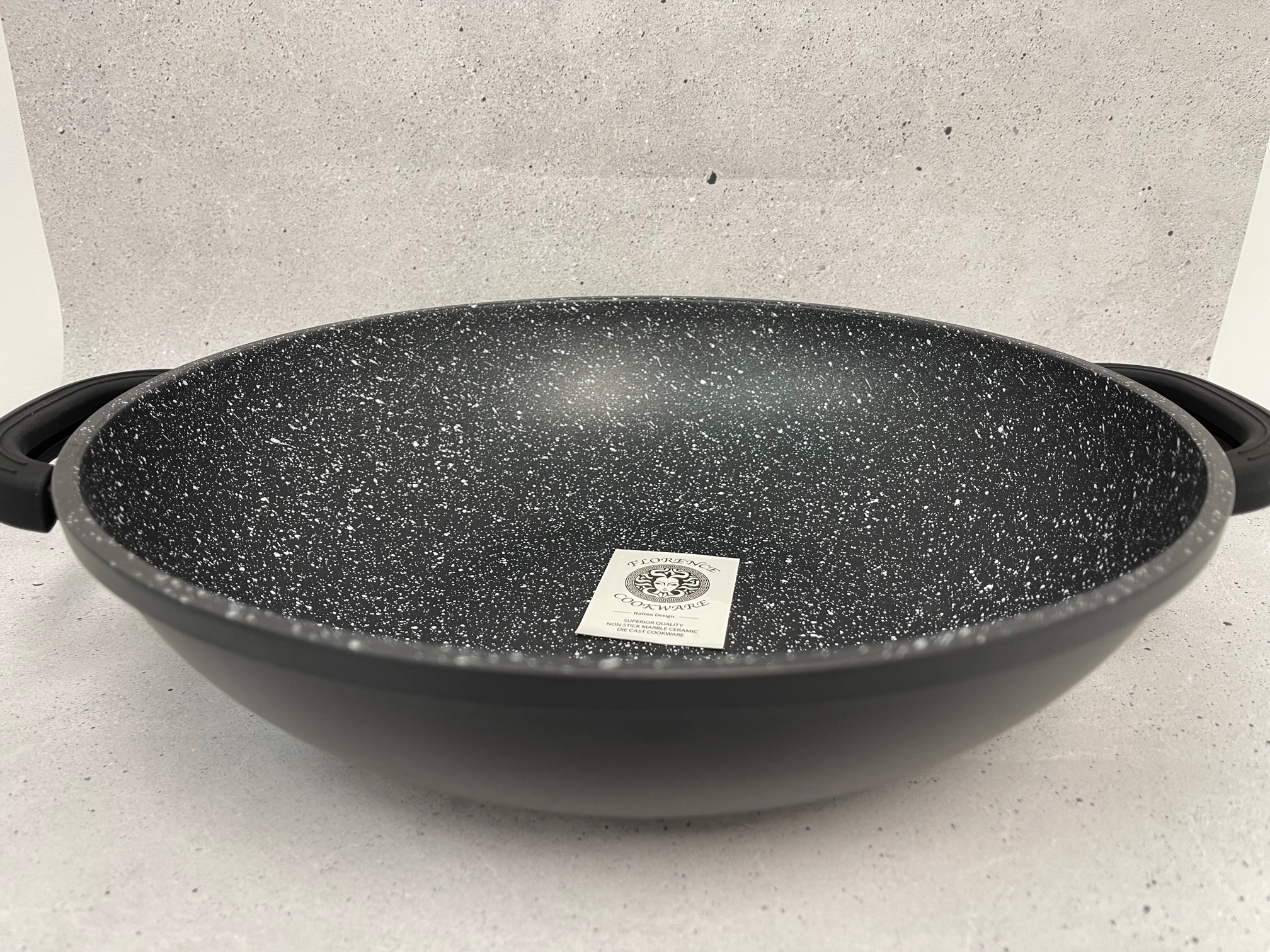 Florence Cookware Non-Stick Black Wok 32cm 5L with Marble Interior and Glass Lid.