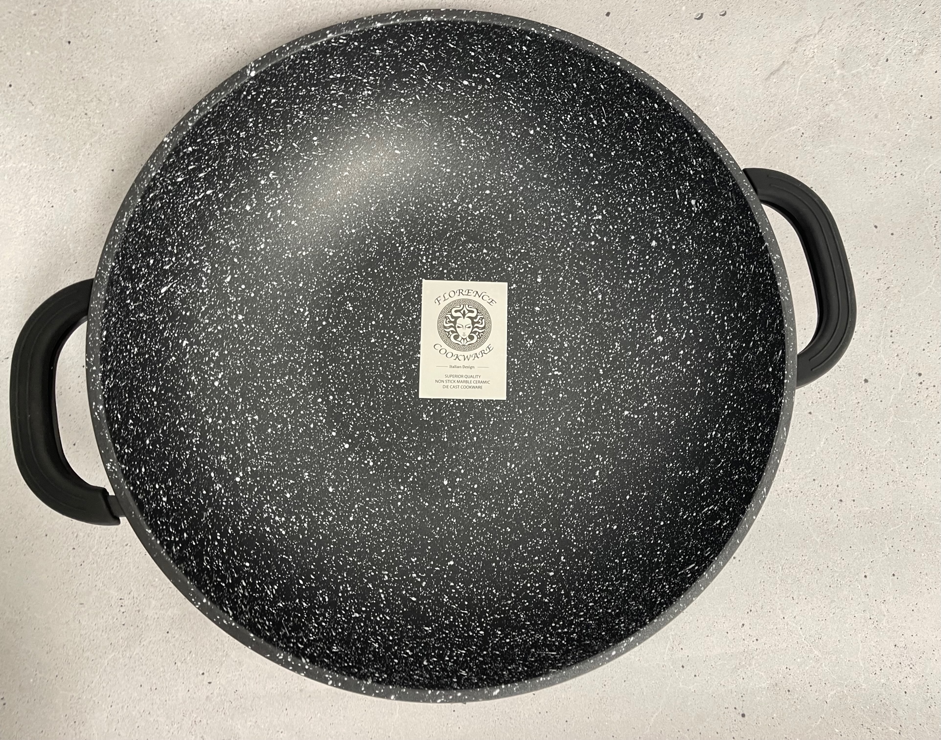 Florence Cookware Non-Stick Black Wok 32cm 5L with Marble Interior and Glass Lid.