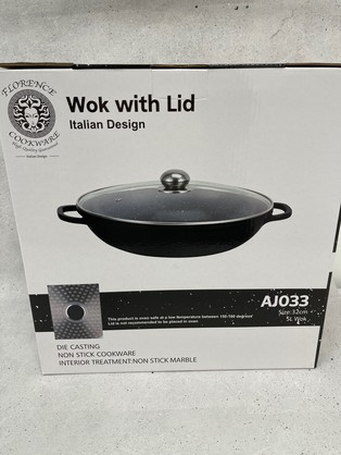 Florence Cookware Non-Stick Black Wok 32cm 5L with Marble Interior and Glass Lid.
