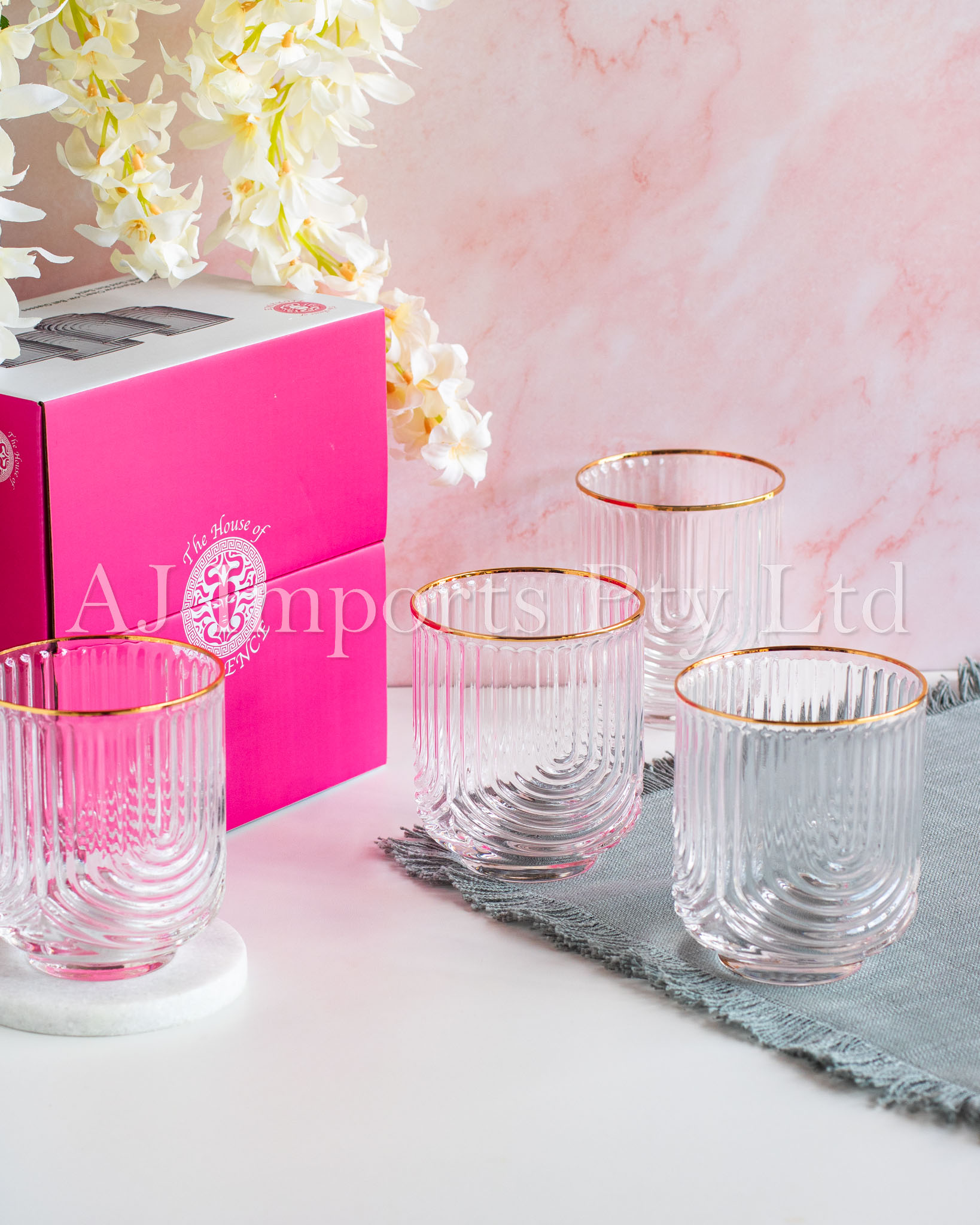 Art Deco Rainbow Embossed Low-Ball Glasses with Gold Rim – Set of 4