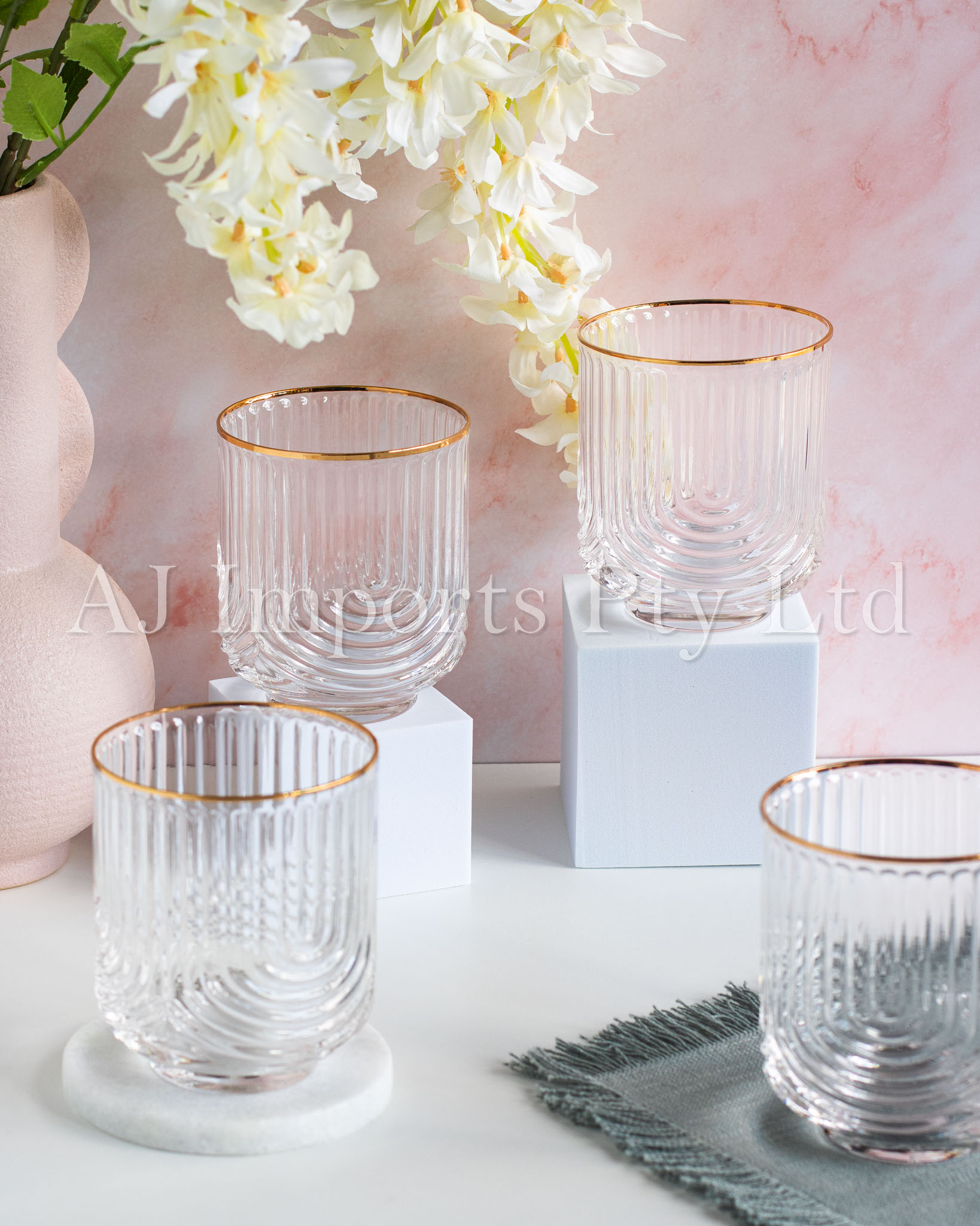 Art Deco Rainbow Embossed Low-Ball Glasses with Gold Rim – Set of 4