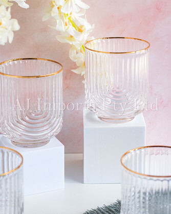 Art Deco Rainbow Embossed Low-Ball Glasses with Gold Rim – Set of 4