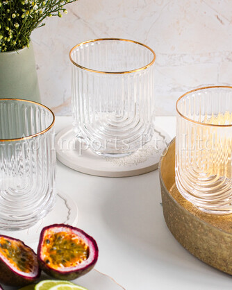 Art Deco Rainbow Embossed Low-Ball Glasses with Gold Rim – Set of 4