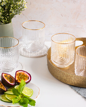 Art Deco Rainbow Embossed Low-Ball Glasses with Gold Rim – Set of 4