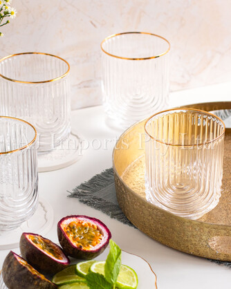 Art Deco Rainbow Embossed Low-Ball Glasses with Gold Rim – Set of 4