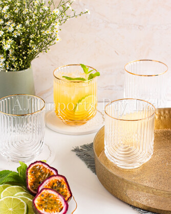 Art Deco Rainbow Embossed Low-Ball Glasses with Gold Rim – Set of 4