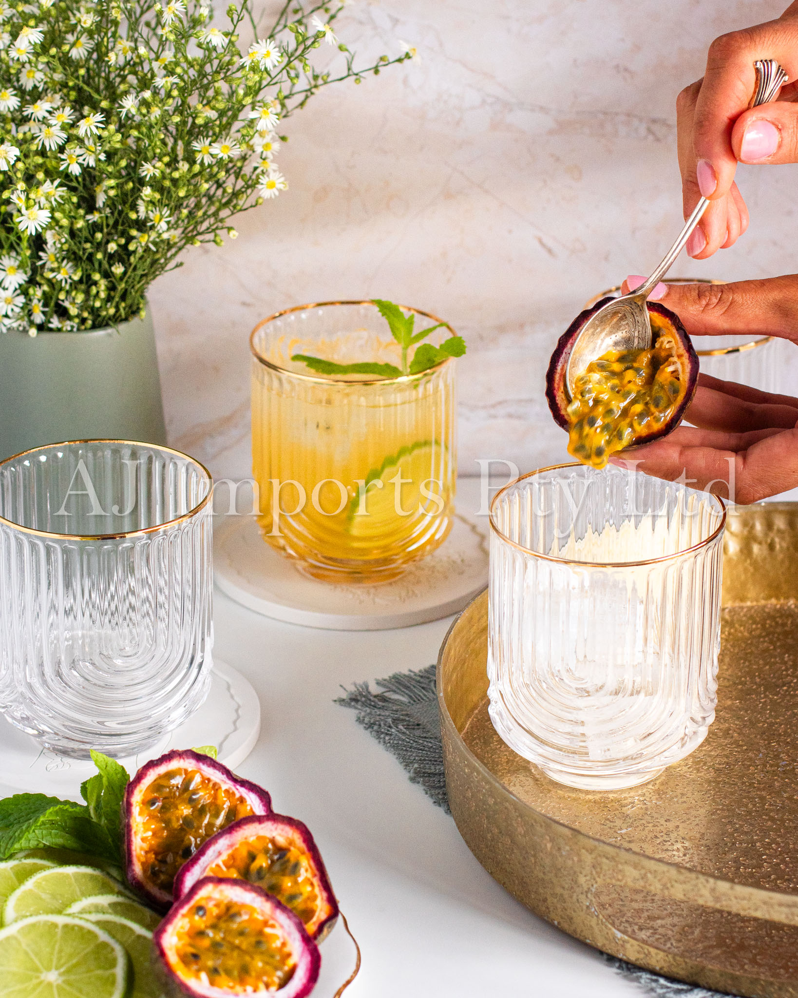 Art Deco Rainbow Embossed Low-Ball Glasses with Gold Rim – Set of 4