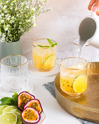 Art Deco Rainbow Embossed Low-Ball Glasses with Gold Rim – Set of 4
