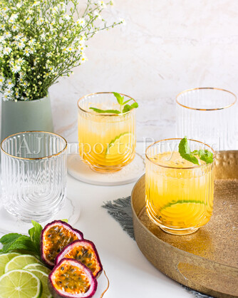 Art Deco Rainbow Embossed Low-Ball Glasses with Gold Rim – Set of 4