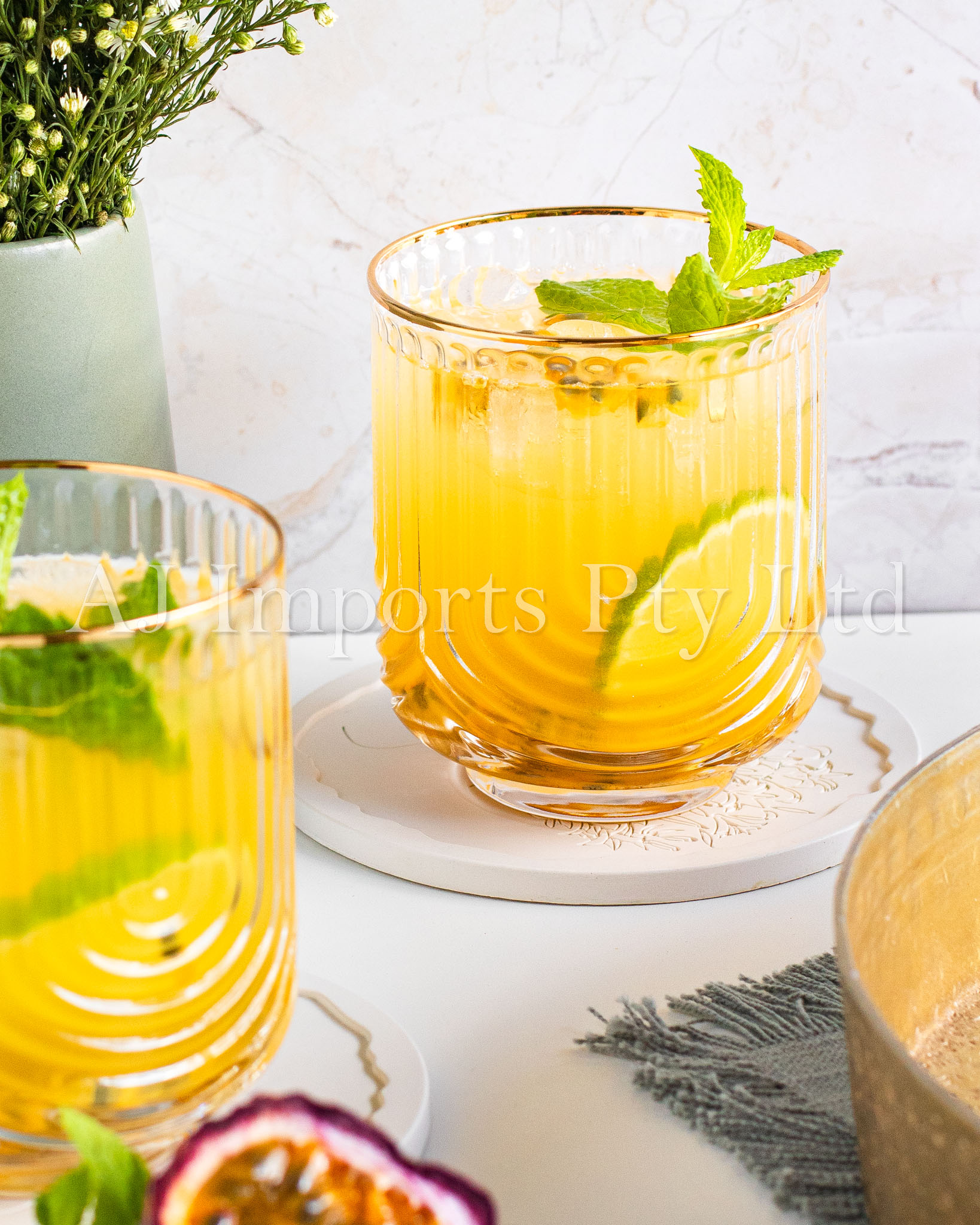 Art Deco Rainbow Embossed Low-Ball Glasses with Gold Rim – Set of 4
