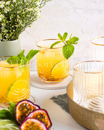 Art Deco Rainbow Embossed Low-Ball Glasses with Gold Rim – Set of 4