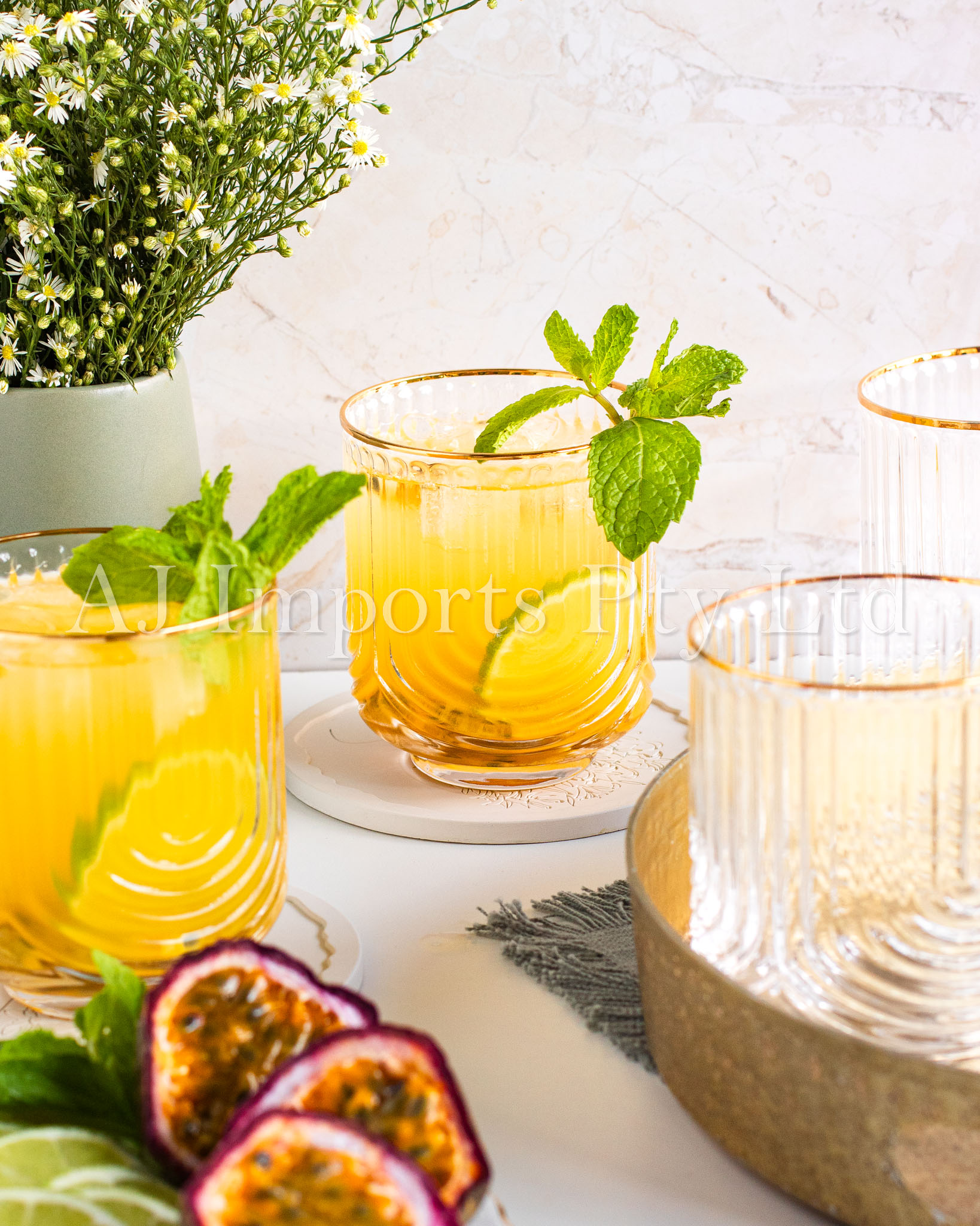 Art Deco Rainbow Embossed Low-Ball Glasses with Gold Rim – Set of 4