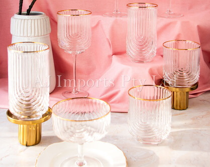 Art Deco Rainbow Embossed Low-Ball Glasses with Gold Rim – Set of 4