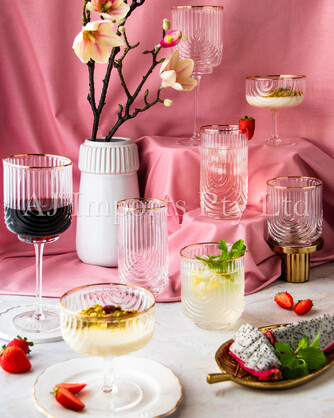 Art Deco Rainbow Embossed Low-Ball Glasses with Gold Rim – Set of 4