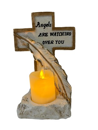 Heavenly Protection: “Angels Are Watching Over You” Cross With Light Up Candle and Feathers Religious Keepsake.