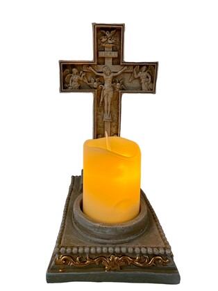 Holy Light: Jesus on Cross Crucifixion Ornament With Light Up Candle Religious Keepsake.