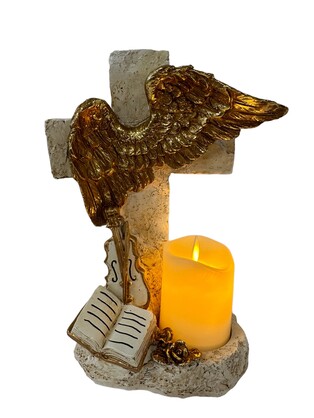 Harmony of Faith: Cross with Gold Angel Wings, Book & Violin With Light Up Candle Religious Keepsake.