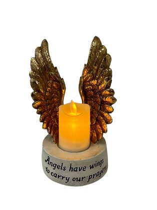 Guiding Light: Large Open Gold Angel Wings With Light Up Candle Religious Keepsake.
