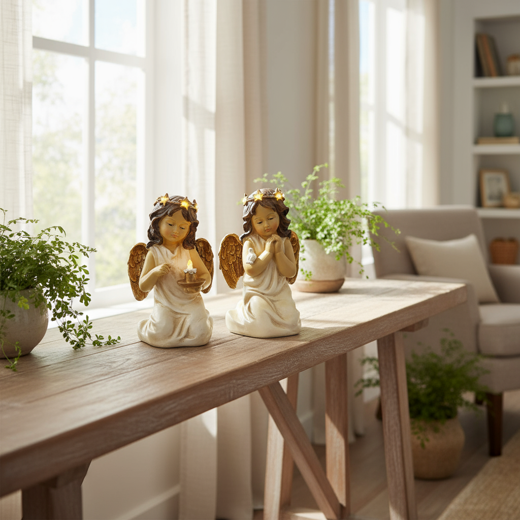 Graceful Angel Religious Keepsake: Kneeling Prayer with Candlelight and Bird With Light Up Halo.